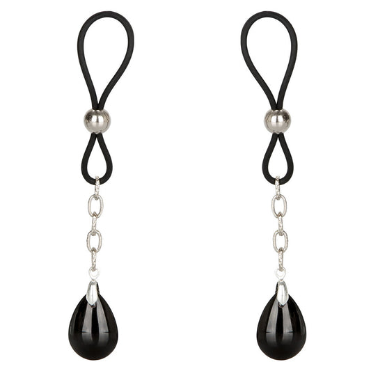 Black teardrop nipple pendants on silver chains with black rubber loops on a white background