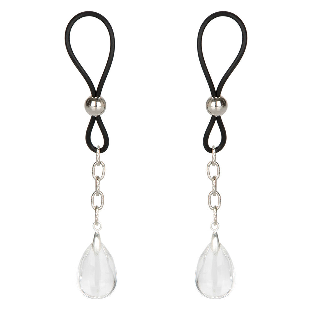 Pair of nipple clamps with black loops, silver beads, and clear teardrop pendants on a white background.