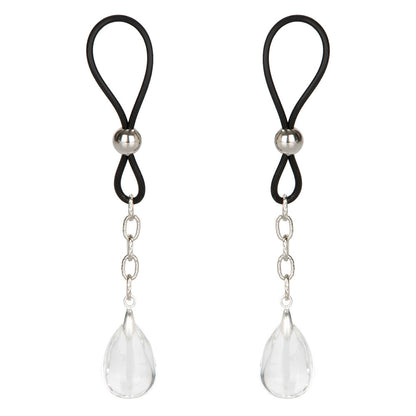 Pair of nipple clamps with black loops, silver beads, and clear teardrop pendants on a white background.