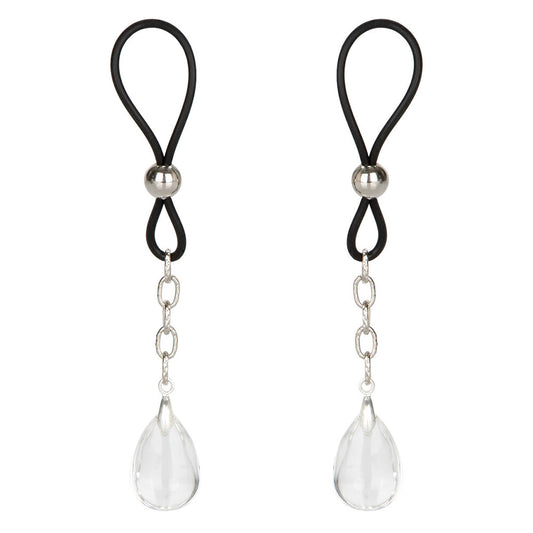 Pair of nipple clamps with black loops, silver beads, and clear teardrop pendants on a white background.