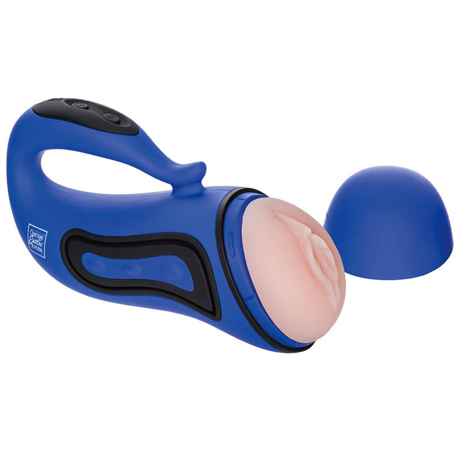 Blue and black handheld masturbator with a pink interior on a white background
