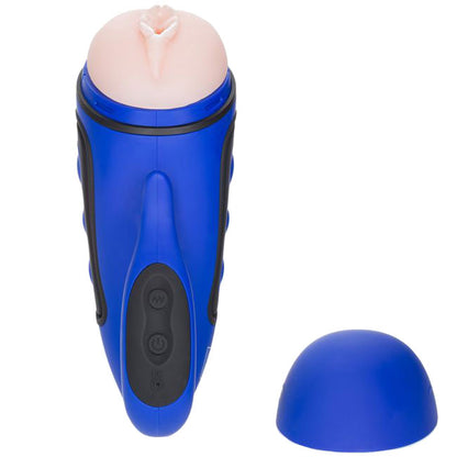Blue and black electronic massage device with a pink component on a white background