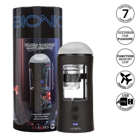 Bionic Power Stroke Masturbator with packaging and features displayed