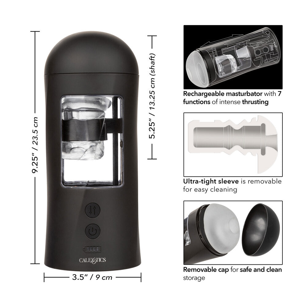 Black rechargeable masturbator with measurements and features on a white background