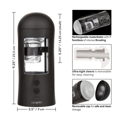 Black rechargeable masturbator with measurements and features on a white background