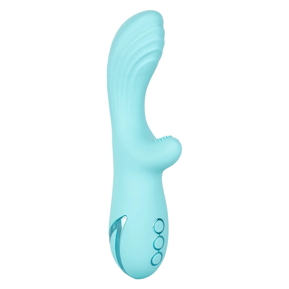 Turquoise silicone rabbit wand with brand logo on a white background