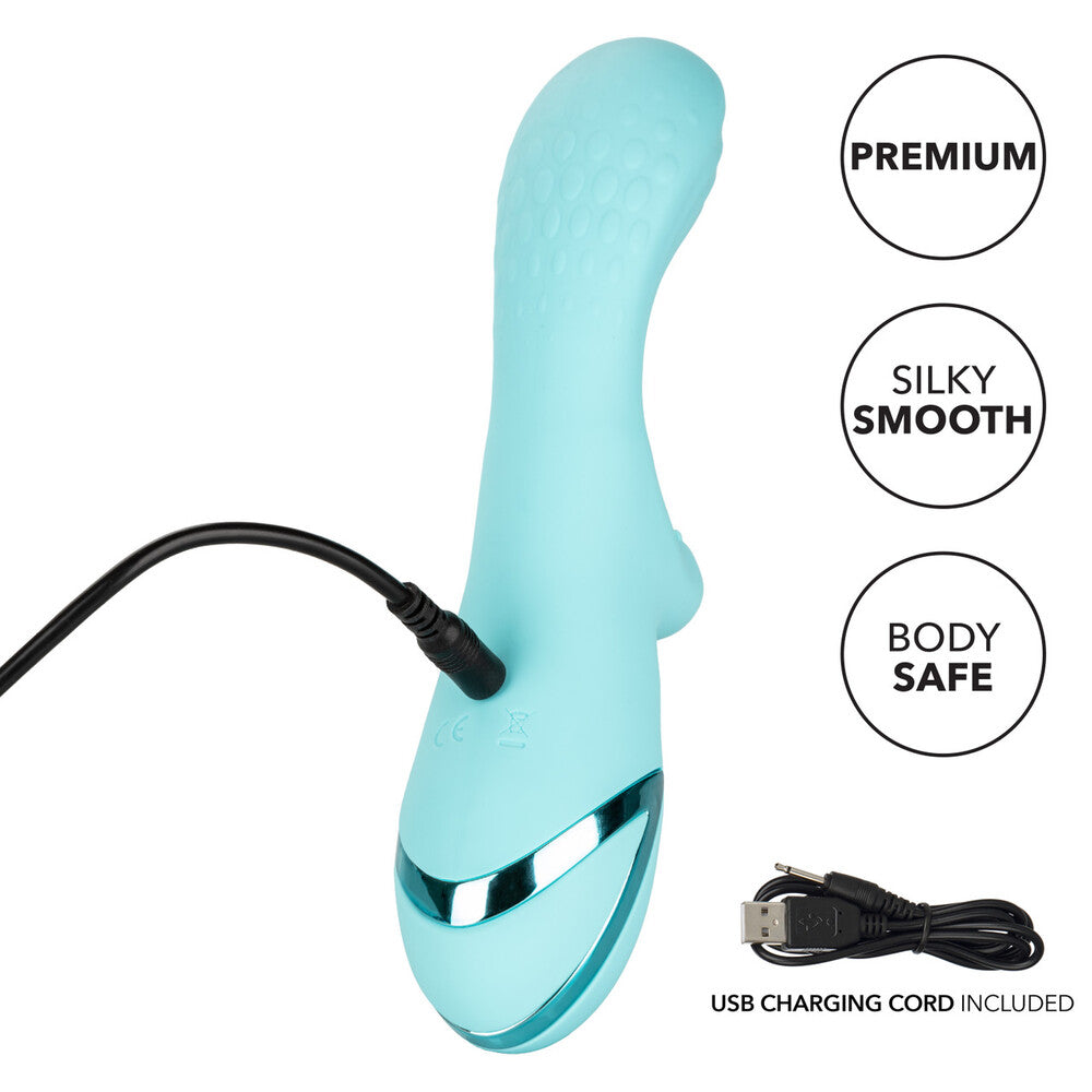 Turquoise electronic device with USB charging cord on a white background, featuring 'Premium', 'Silky Smooth', and 'Body Safe' text.