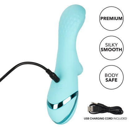 Turquoise electronic device with USB charging cord on a white background, featuring 'Premium', 'Silky Smooth', and 'Body Safe' text.