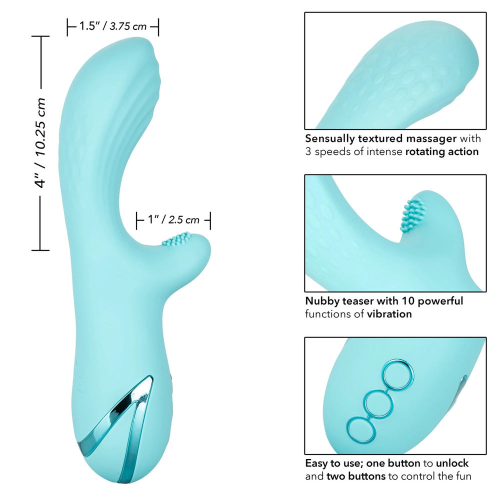 Blue rabbit massager with measurements and features on a white background