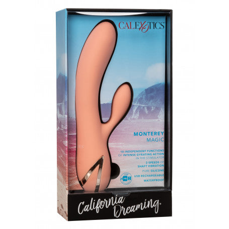 Sexual product packaging with 'Calexotics' branding on a scenic background