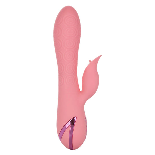 Pink silicone sex toy with a metallic accent on a white background