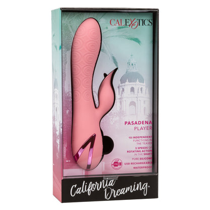 Pink electronic device in packaging with 'Calexotics' branding on a white background