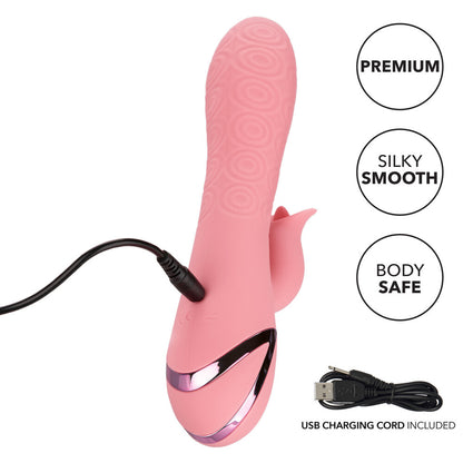 Pink silicone wand with USB charging cord on a white background, featuring 'Premium', 'Silky Smooth', and 'Body Safe' text.