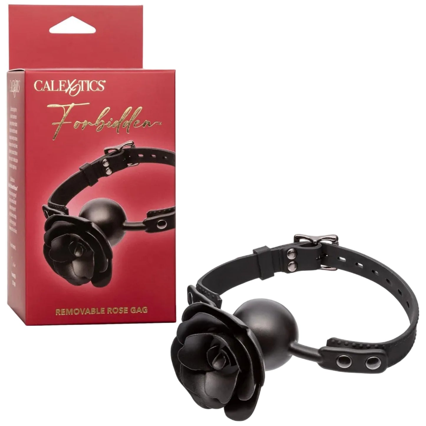 Black rose-shaped ball gag with packaging labeled 'Calexotics Forbidden' on a white background