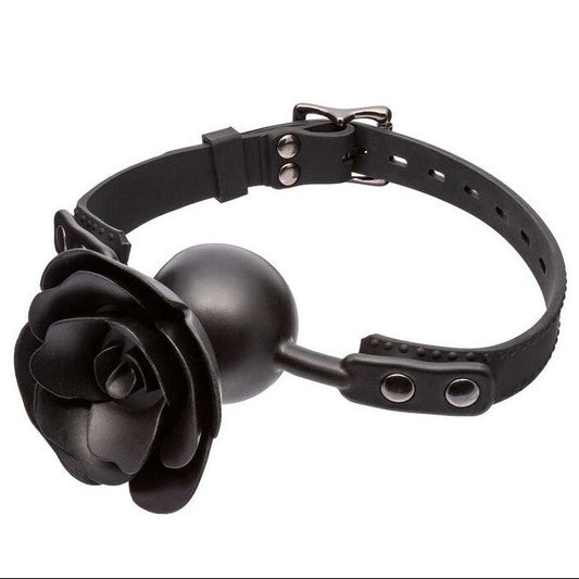 Black leather collar with rose ballgag design on a white background