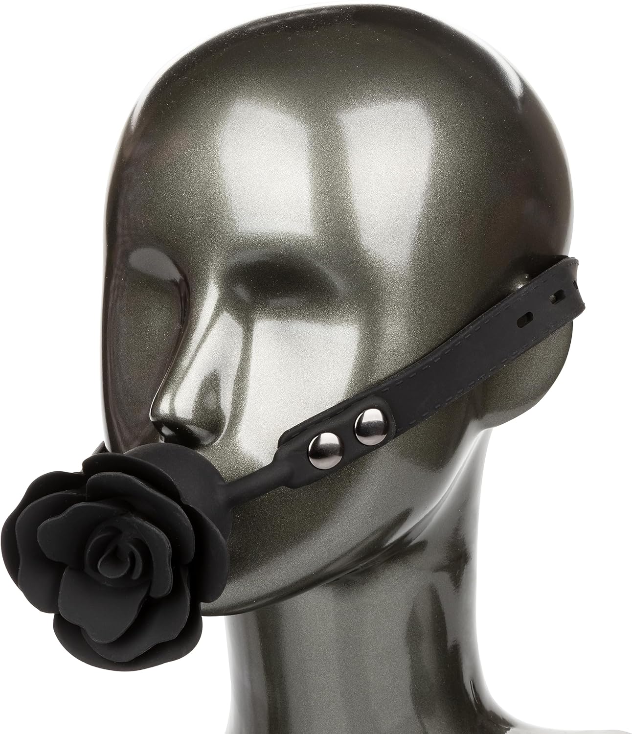 Black leather muzzle with rose design on a mannequin head against a white background