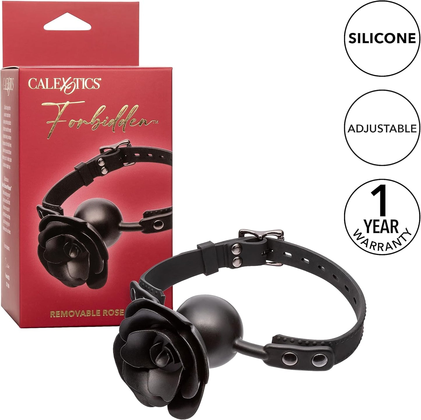 Black rose-shaped collar with packaging and product details on a white background