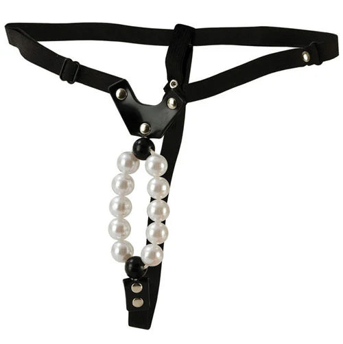 Black g-string thong with pearl accents on a white background