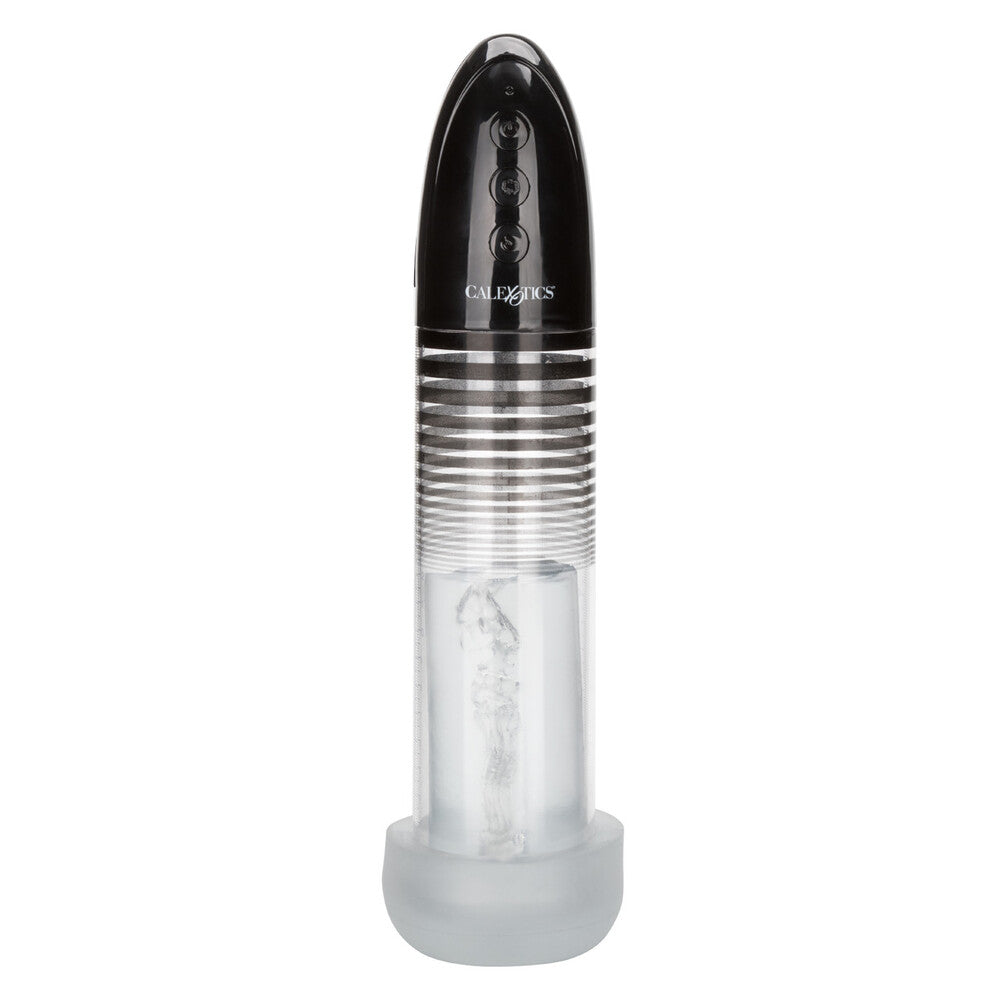 Black and silver penis enlarger masturbator pump with 'Calexotics' branding on a white background