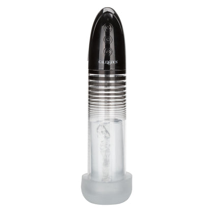 Black and silver penis enlarger masturbator pump with 'Calexotics' branding on a white background