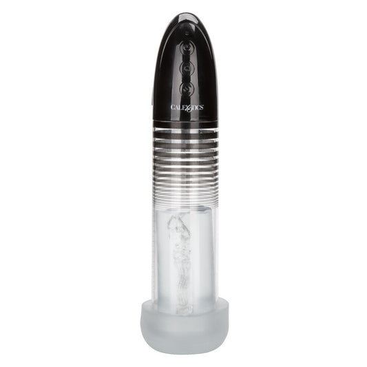 Black and silver penis enlarger masturbator pump with 'Calexotics' branding on a white background