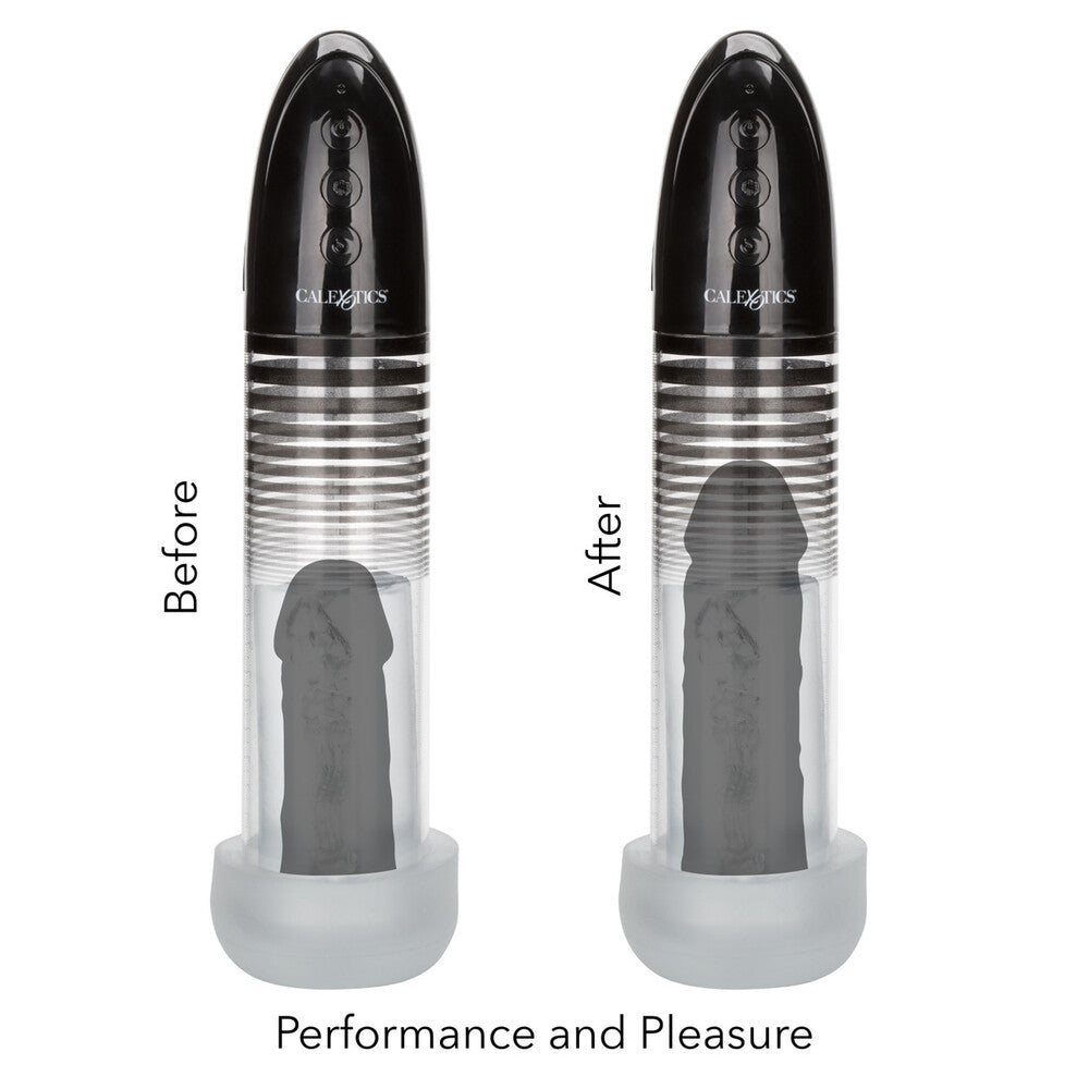 Before and after comparison of a cylindrical product with 'CalExotics' branding on a white background.