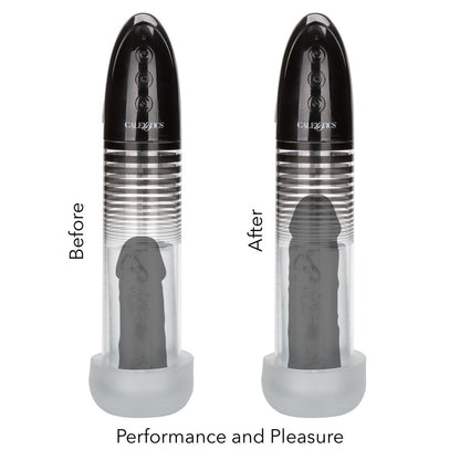 Before and after comparison of a cylindrical product with 'CalExotics' branding on a white background.