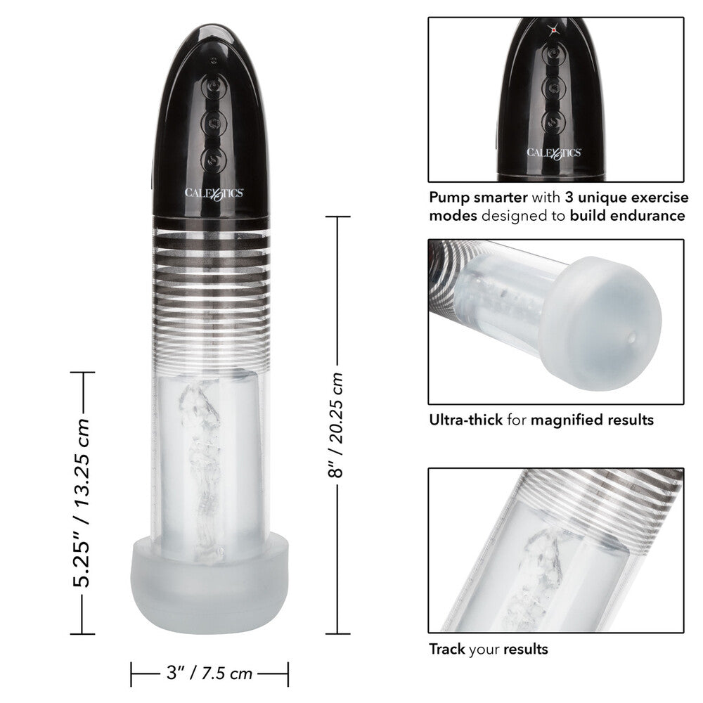 Sexual product with pump and measurement details on a white background