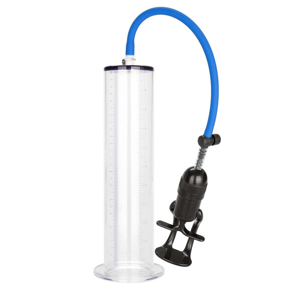 Clear penis pump tube with blue hose and black clamp on a white background