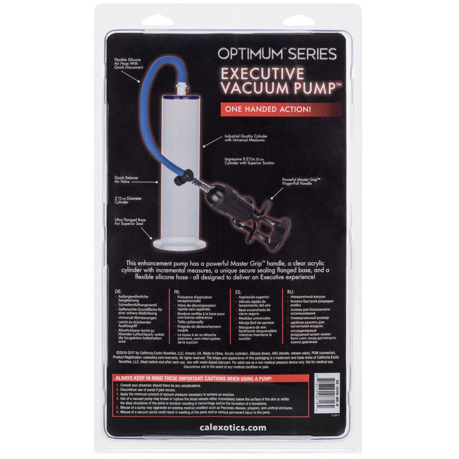 Packaging of an Optimum Series Executive Vacuum Pump with product illustration and text.