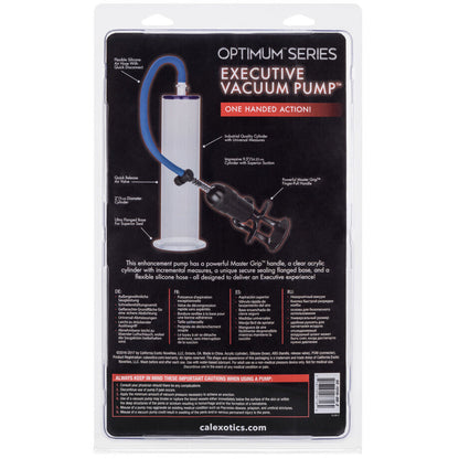 Packaging of an Optimum Series Executive Vacuum Pump with product illustration and text.