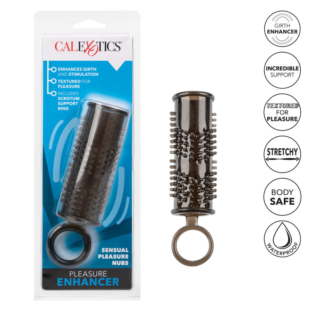 Pleasure enhancer with packaging and features listed on a white background