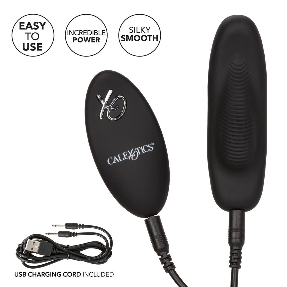 Black electronic device with USB charging cord on a white background, featuring Calexotics branding.