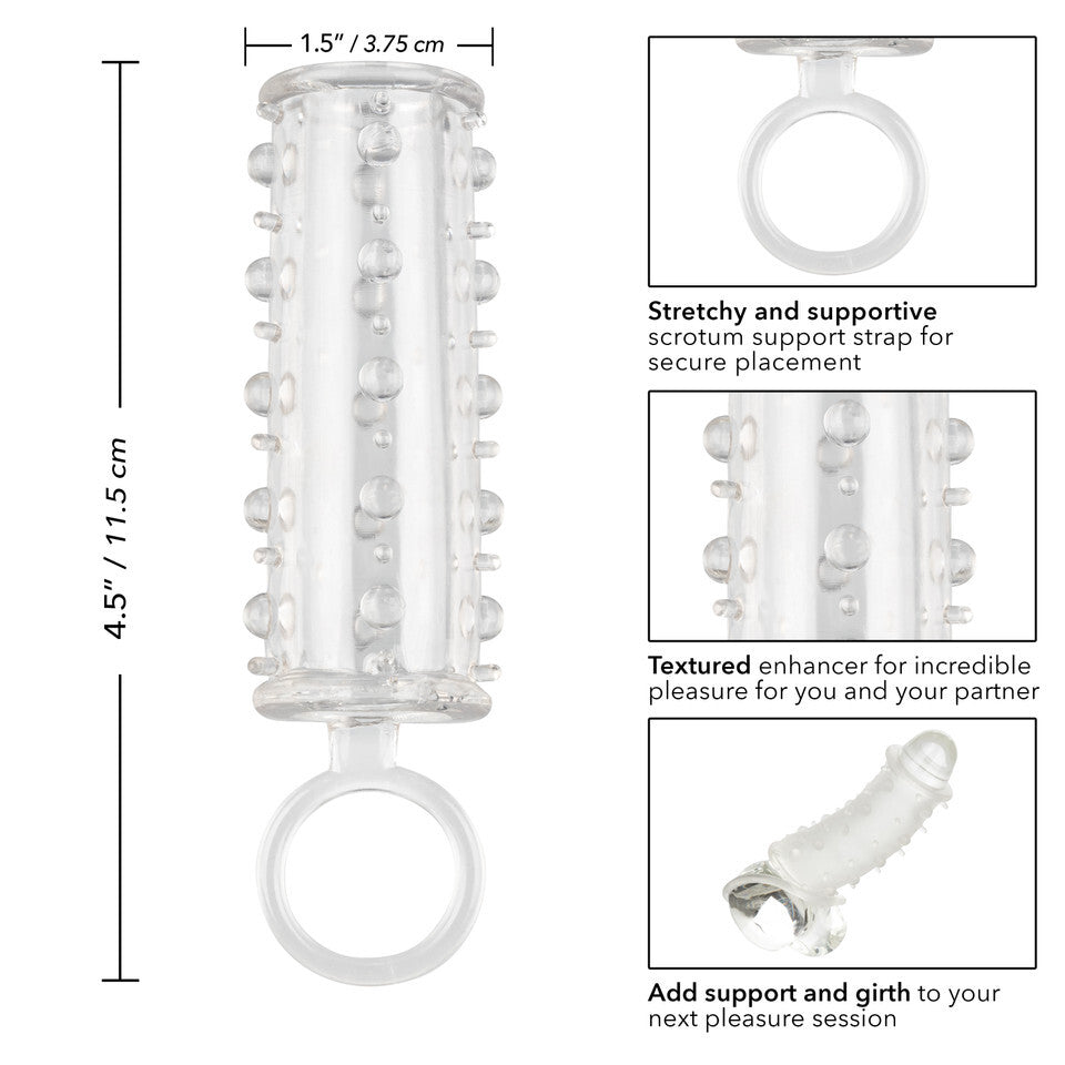 Clear cylindrical product with text and measurements on a white background