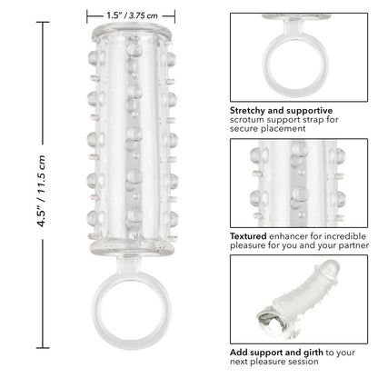 Clear cylindrical product with text and measurements on a white background