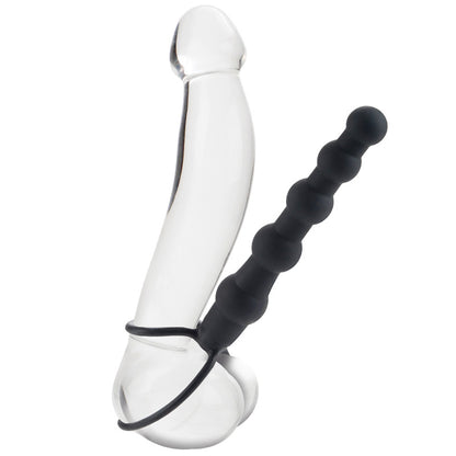 California Exotic Silicone Love Rider Beaded Dual Penetrator Strap-On 6 Inch Dildo Black on a white background