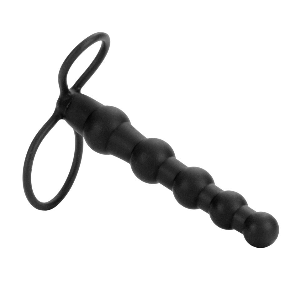 California Exotic Silicone Love Rider Beaded Dual Penetrator Strap-On 6 Inch Dildo Black on a white background