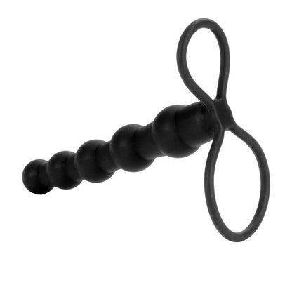 Black silicone anal dildo with cock ring handle on a white background
