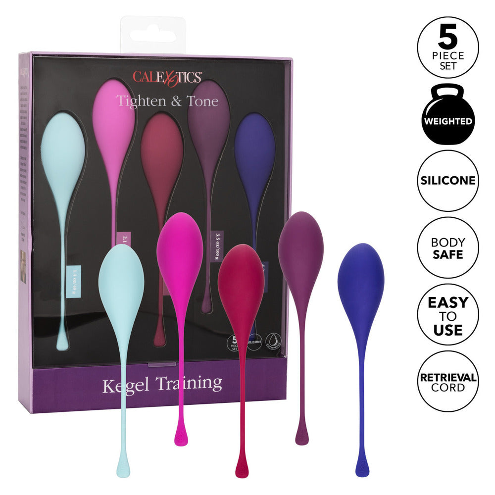 Set of colorful Kegel training tools with packaging and feature text on a white background