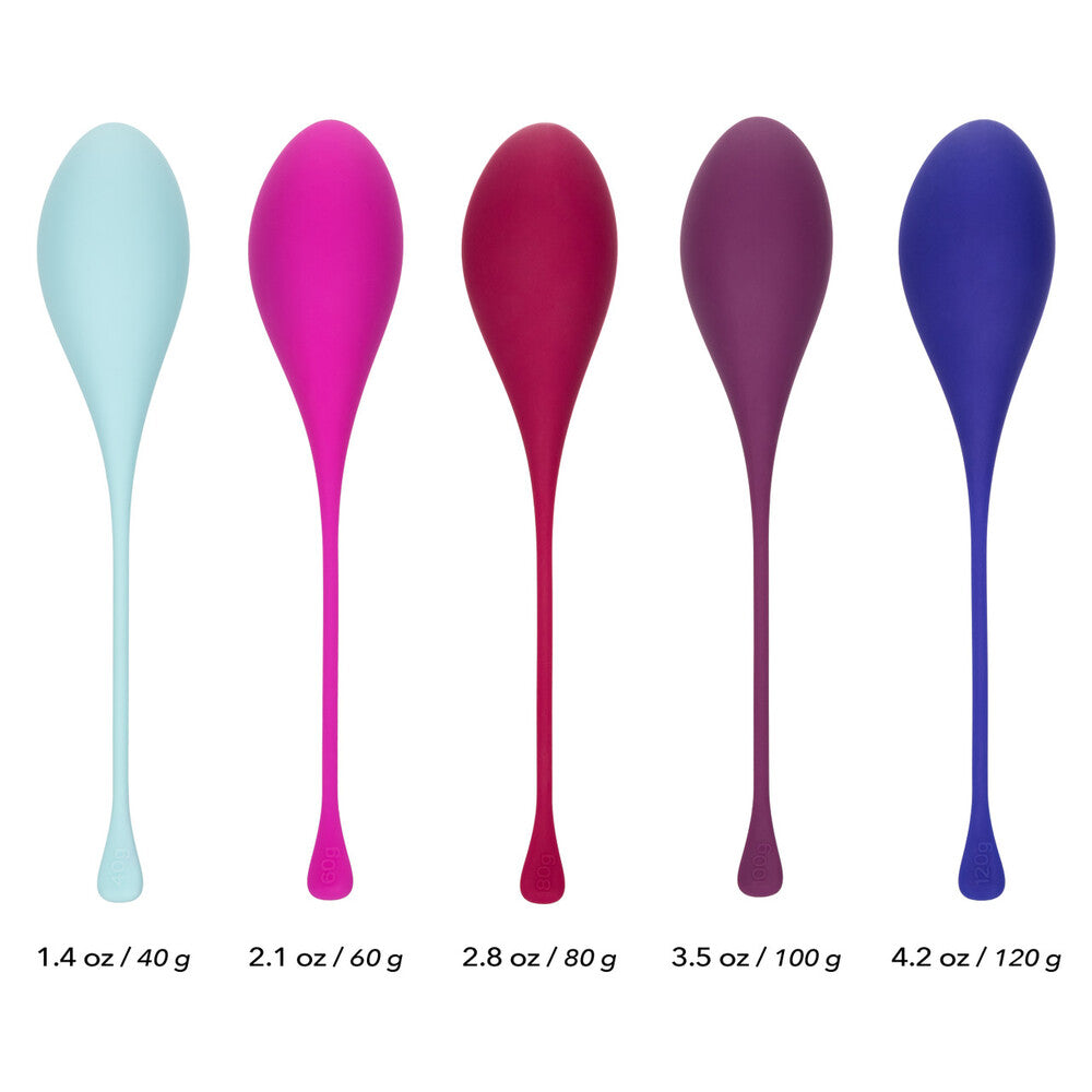 Set of five colorful silicone kegel balls with weight labels on a white background