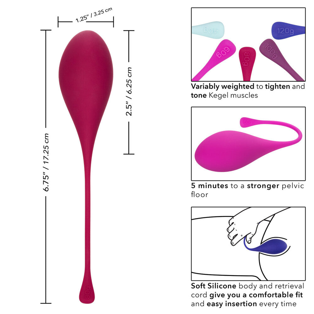Measurement chart of a pink and purple Kegel device with text and illustrations on a white background.