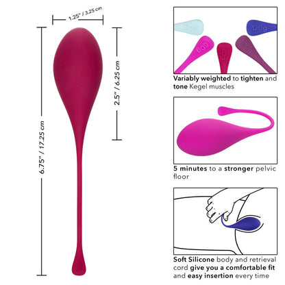 Measurement chart of a pink and purple Kegel device with text and illustrations on a white background.