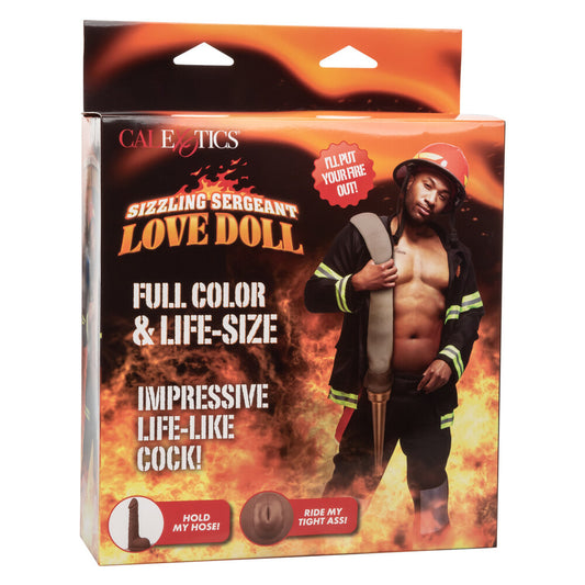 Product packaging for a 'Sizzling Sergeant Love Doll' with a firefighter-themed design.
