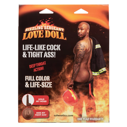 Product packaging for a 'Sizzling Sergeant Love Doll' with a man holding a red object.