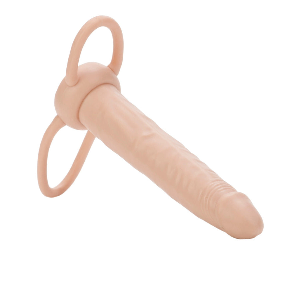 Silicone cock ring with a cylindrical dildo on a white background