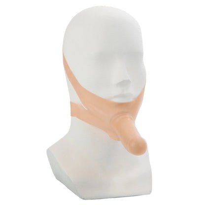 White head with a beige strap on dildo on a white background