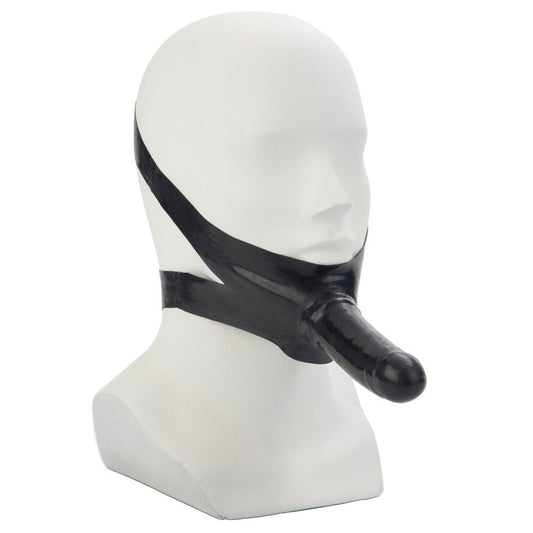 California Exotic The Accommodator Face Strap-On Latex 5 Inch Dildo Mouth Gag Black on a white background