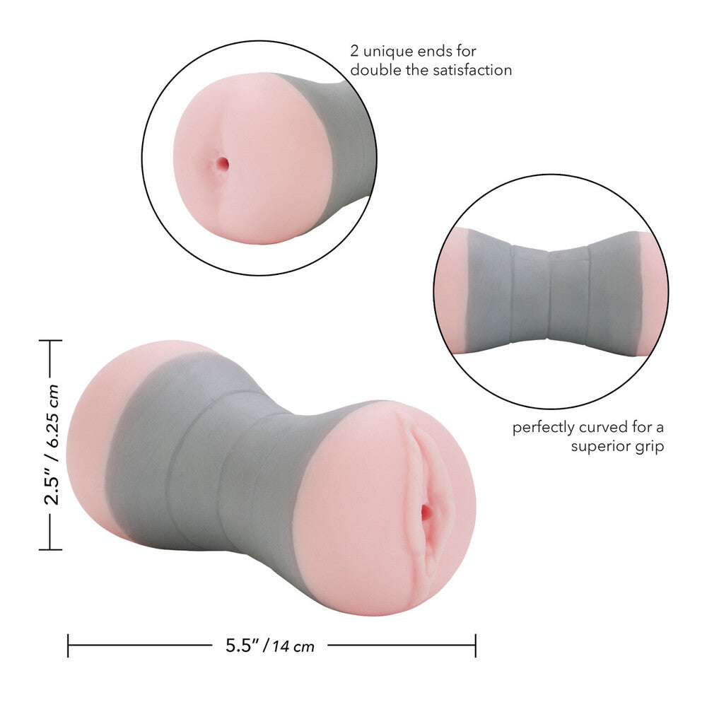 Pink and gray cylindrical masturbator with measurements and text on a white background