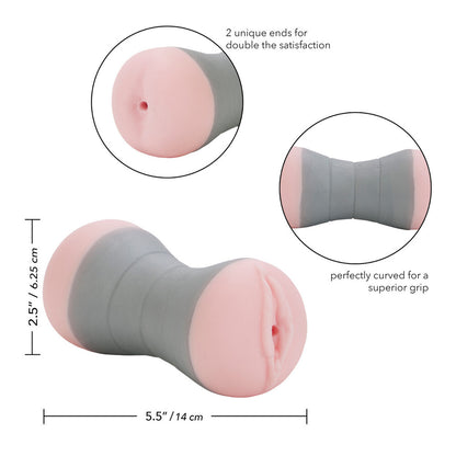 Pink and gray cylindrical masturbator with measurements and text on a white background