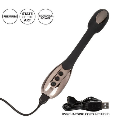 Black and silver electronic device with USB charging cord on a white background